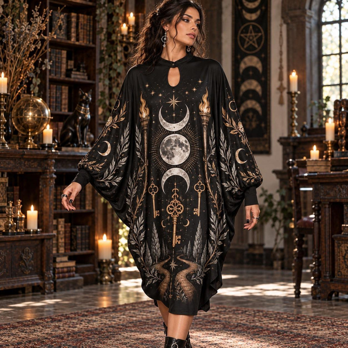 Hecate Crossroads Keys Pagan Batwing Dress – Witchy Triple Moon Midi – worn, in motion