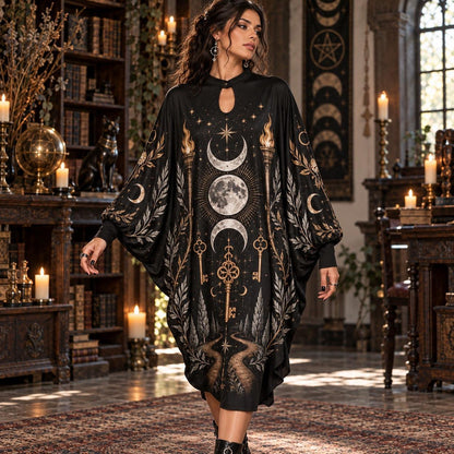 Hecate Crossroads Keys Pagan Batwing Dress – Witchy Triple Moon Midi – worn, in motion