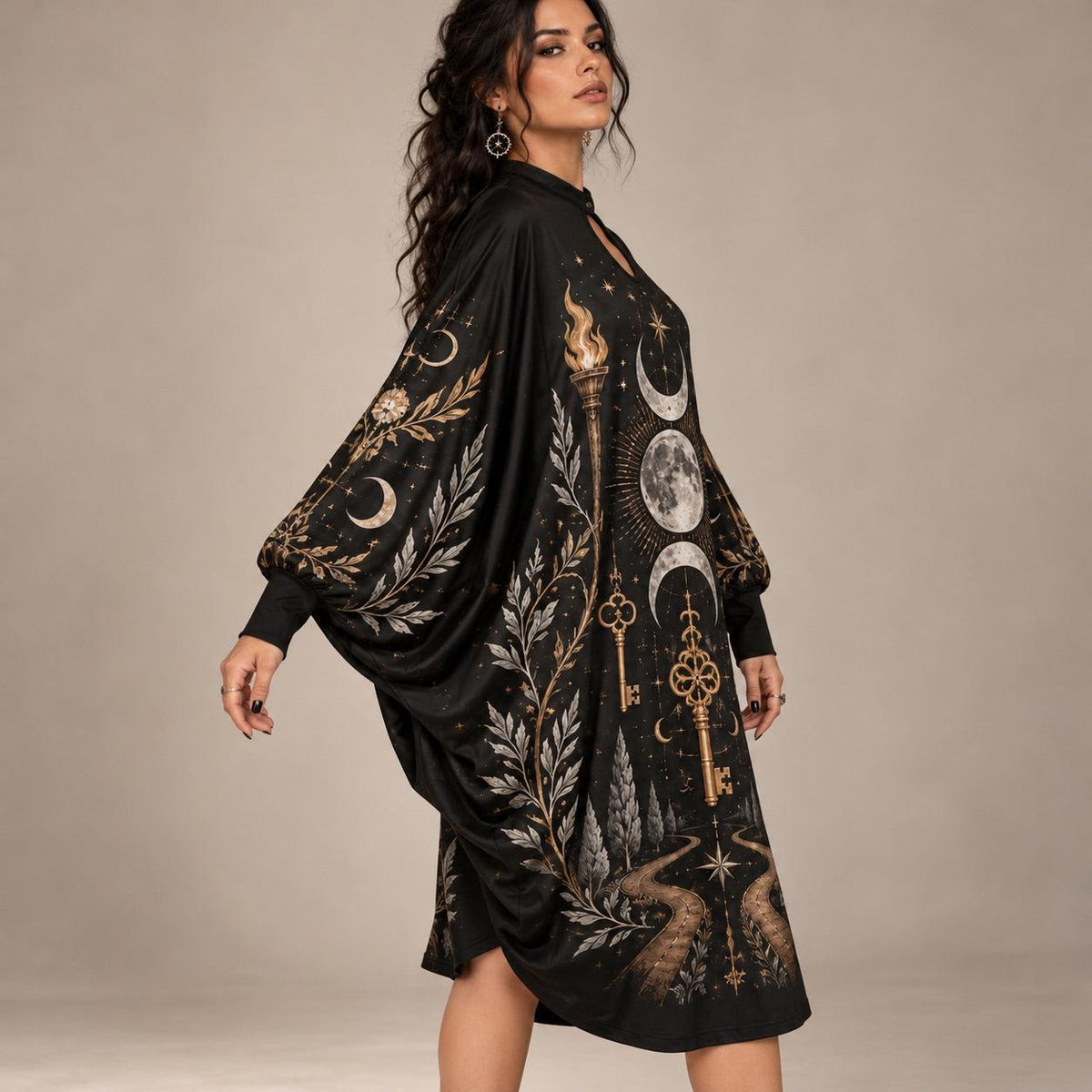 Hecate Crossroads Keys Pagan Batwing Dress – Witchy Triple Moon Midi – worn, three quarter view