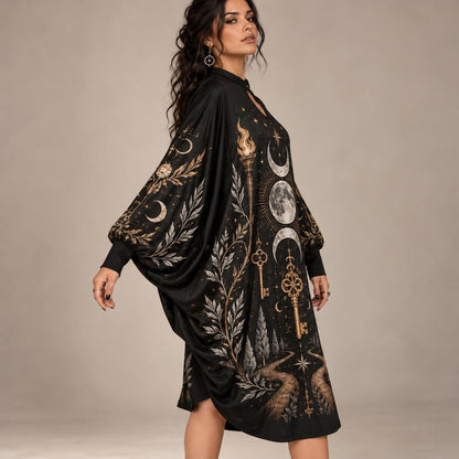 Hecate Crossroads Keys Pagan Batwing Dress – Witchy Triple Moon Midi – worn, three quarter view