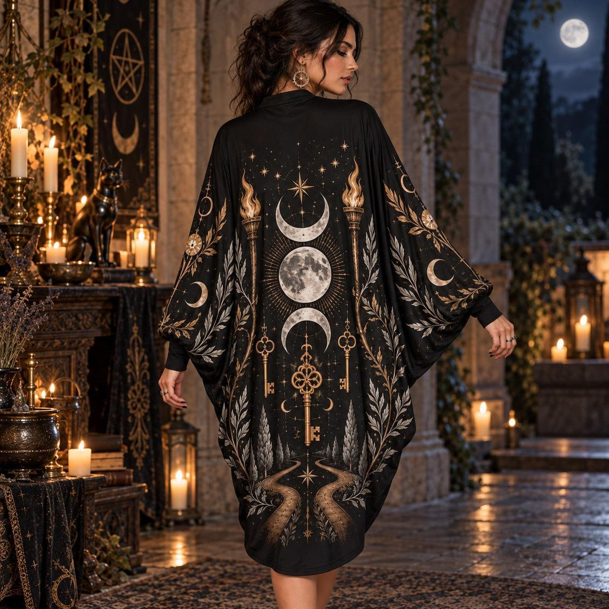 Hecate Crossroads Keys Pagan Batwing Dress – Witchy Triple Moon Midi – worn, back view