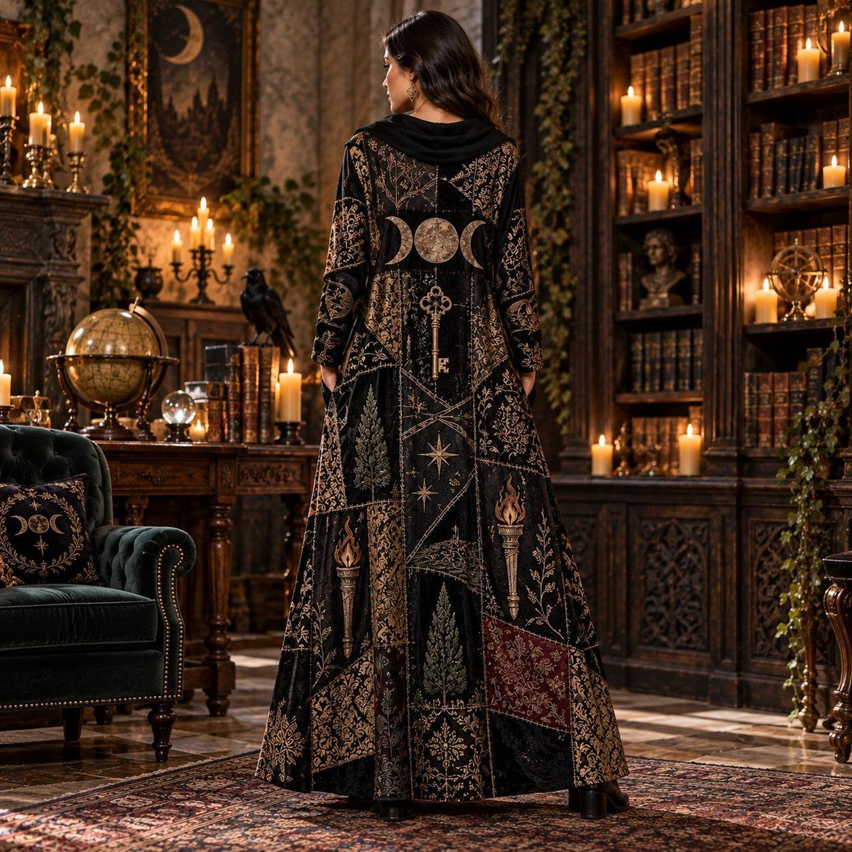 Hecate Crossroads Pagan Cowl Neck Dress – Gothic Triple Moon Maxi – worn, back view