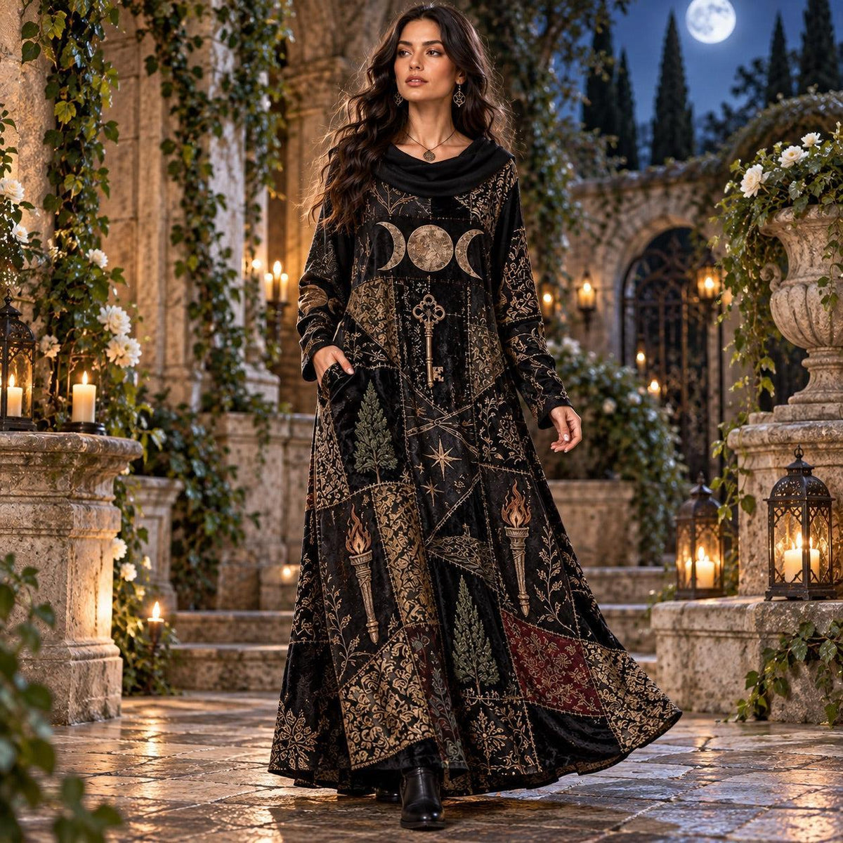 Hecate Crossroads Pagan Cowl Neck Dress – Gothic Triple Moon Maxi – worn, in motion