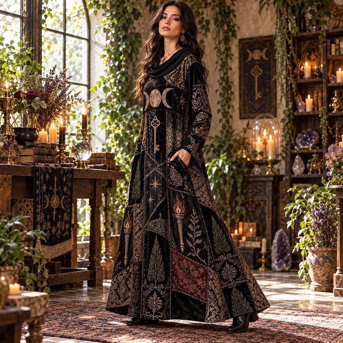 Hecate Crossroads Pagan Cowl Neck Dress – Gothic Triple Moon Maxi – worn, three quarter view
