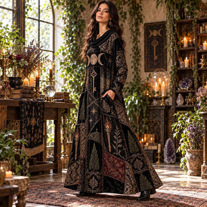 Hecate Crossroads Pagan Cowl Neck Dress – Gothic Triple Moon Maxi – worn, three quarter view