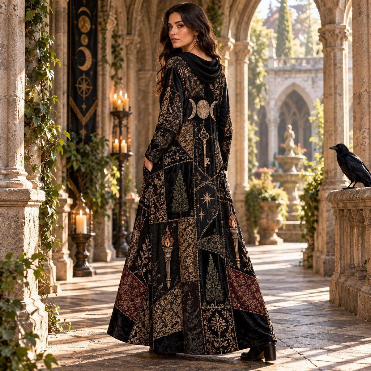 Hecate Crossroads Pagan Cowl Neck Dress – Gothic Triple Moon Maxi – worn, three quarter view