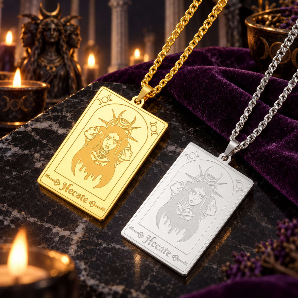 Hecate Triple Moon Goddess Tarot Card Pendant Necklace — detailed jewelry view 2