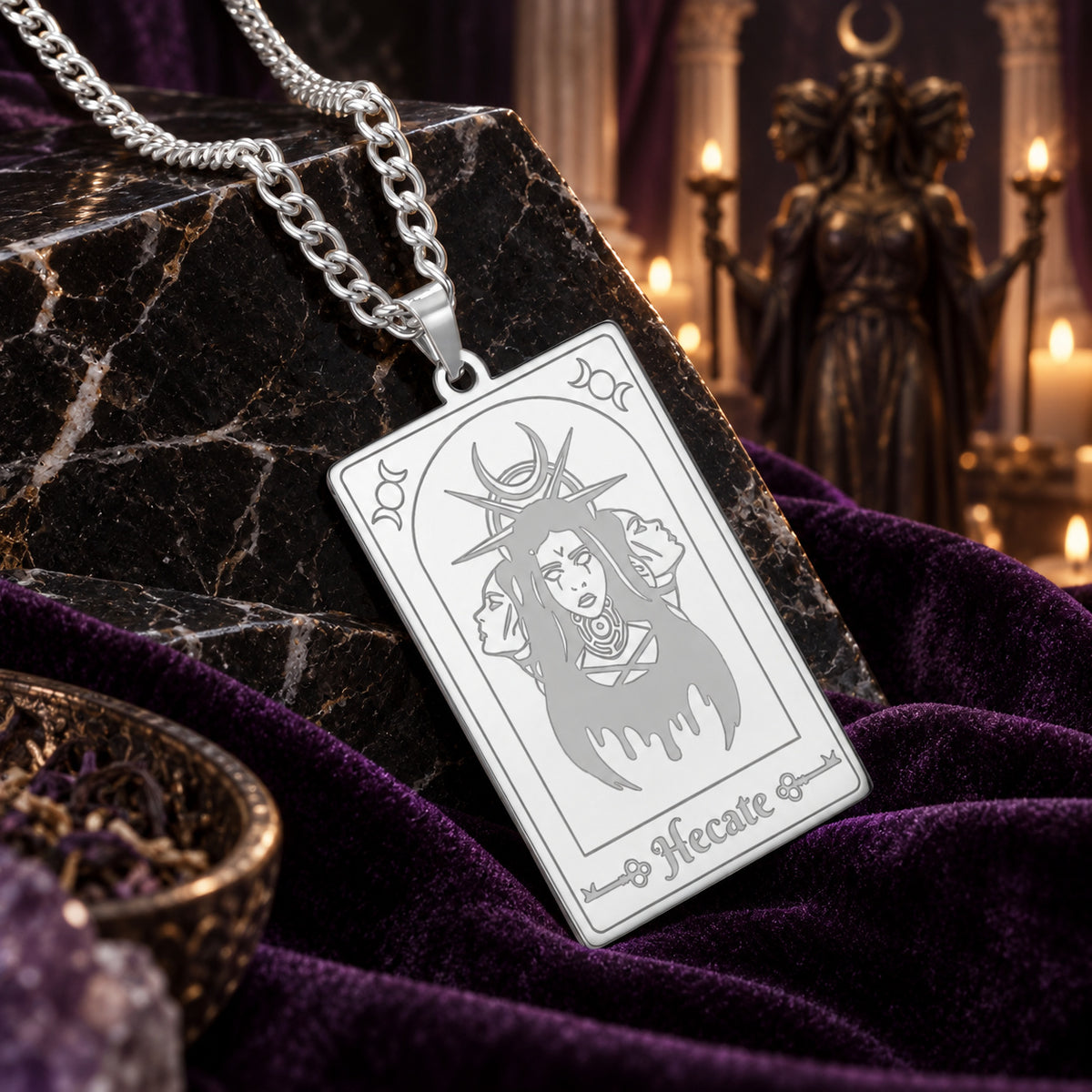 Hecate Triple Moon Goddess Tarot Card Pendant Necklace — detailed jewelry view 4