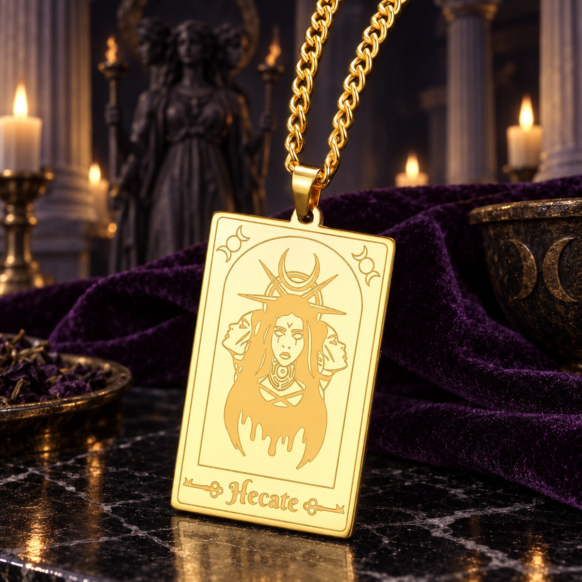 Hecate Triple Moon Goddess Tarot Card Pendant Necklace — detailed jewelry view 5