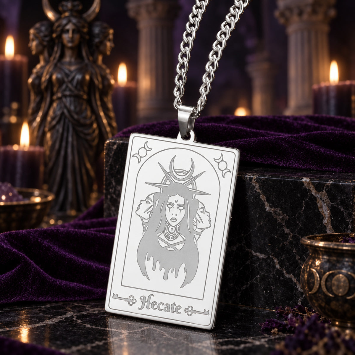 Hecate Triple Moon Goddess Tarot Card Pendant Necklace — detailed jewelry view 6