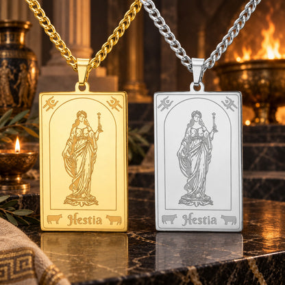 Hestia Greek Goddess Tarot Card Necklace in Stainless Steel — detailed jewelry view 1