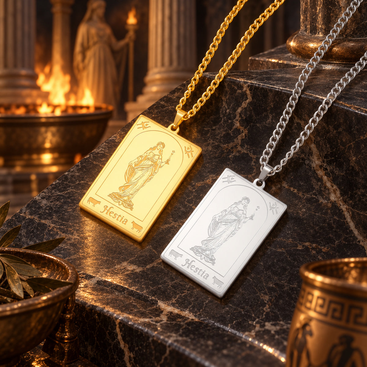 Hestia Greek Goddess Tarot Card Necklace in Stainless Steel — detailed jewelry view 2