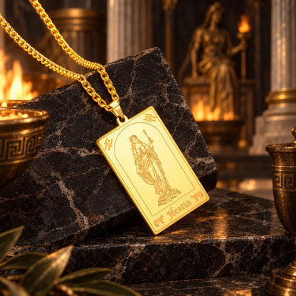 Hestia Greek Goddess Tarot Card Necklace in Stainless Steel — detailed jewelry view 3
