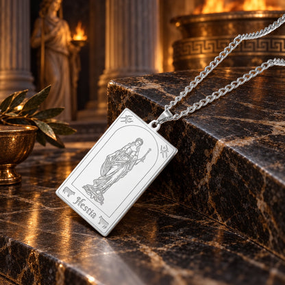 Hestia Greek Goddess Tarot Card Necklace in Stainless Steel — detailed jewelry view 4
