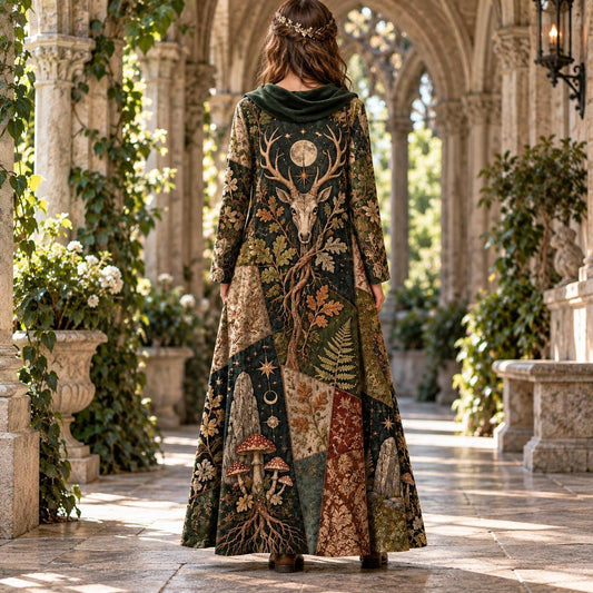 Horned Forest Spirit Pagan Cowl Neck Dress – Witchy Woodland Maxi – worn, back view