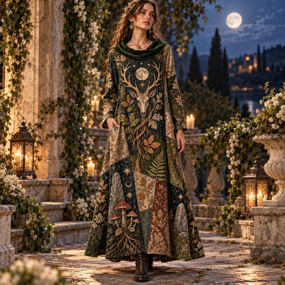 Horned Forest Spirit Pagan Cowl Neck Dress – Witchy Woodland Maxi – worn, in motion