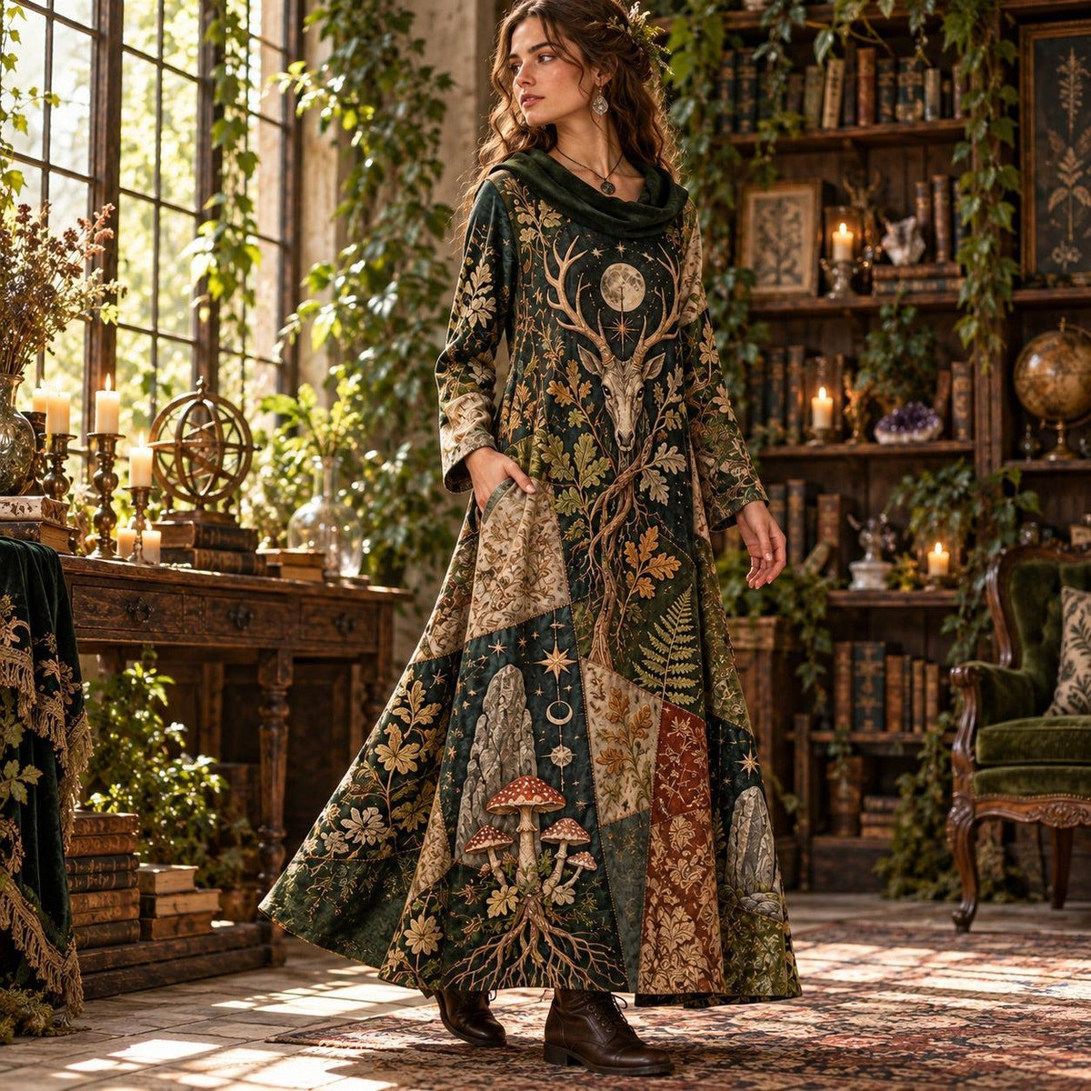 Horned Forest Spirit Pagan Cowl Neck Dress – Witchy Woodland Maxi – worn, three quarter view