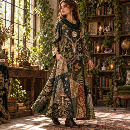 Horned Forest Spirit Pagan Cowl Neck Dress – Witchy Woodland Maxi – worn, three quarter view