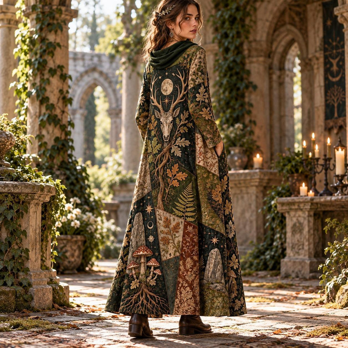 Horned Forest Spirit Pagan Cowl Neck Dress – Witchy Woodland Maxi – worn, three quarter view