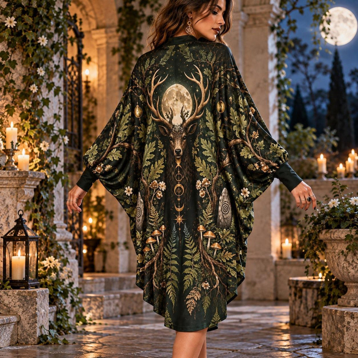 Horned Stag Moon Pagan Batwing Dress – Woodland Witchy Forest Midi – worn, back view