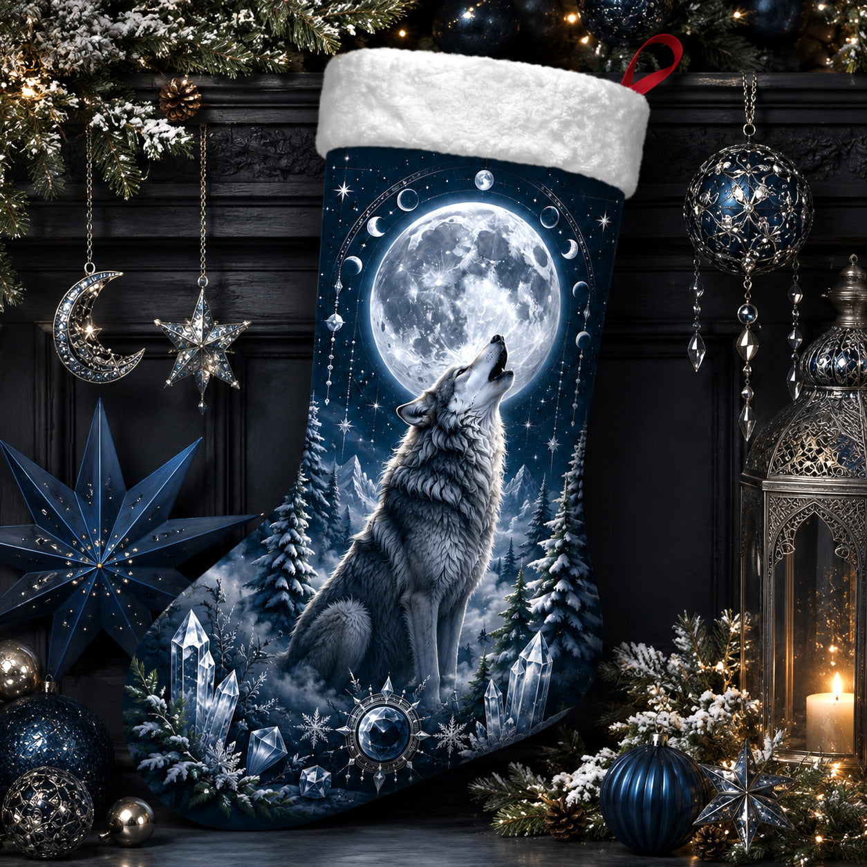 Howling Wolf Christmas Stocking Full Moon Nordic Winter Decor