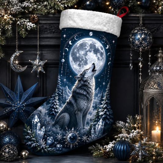 Howling Wolf Christmas Stocking Full Moon Nordic Winter Decor