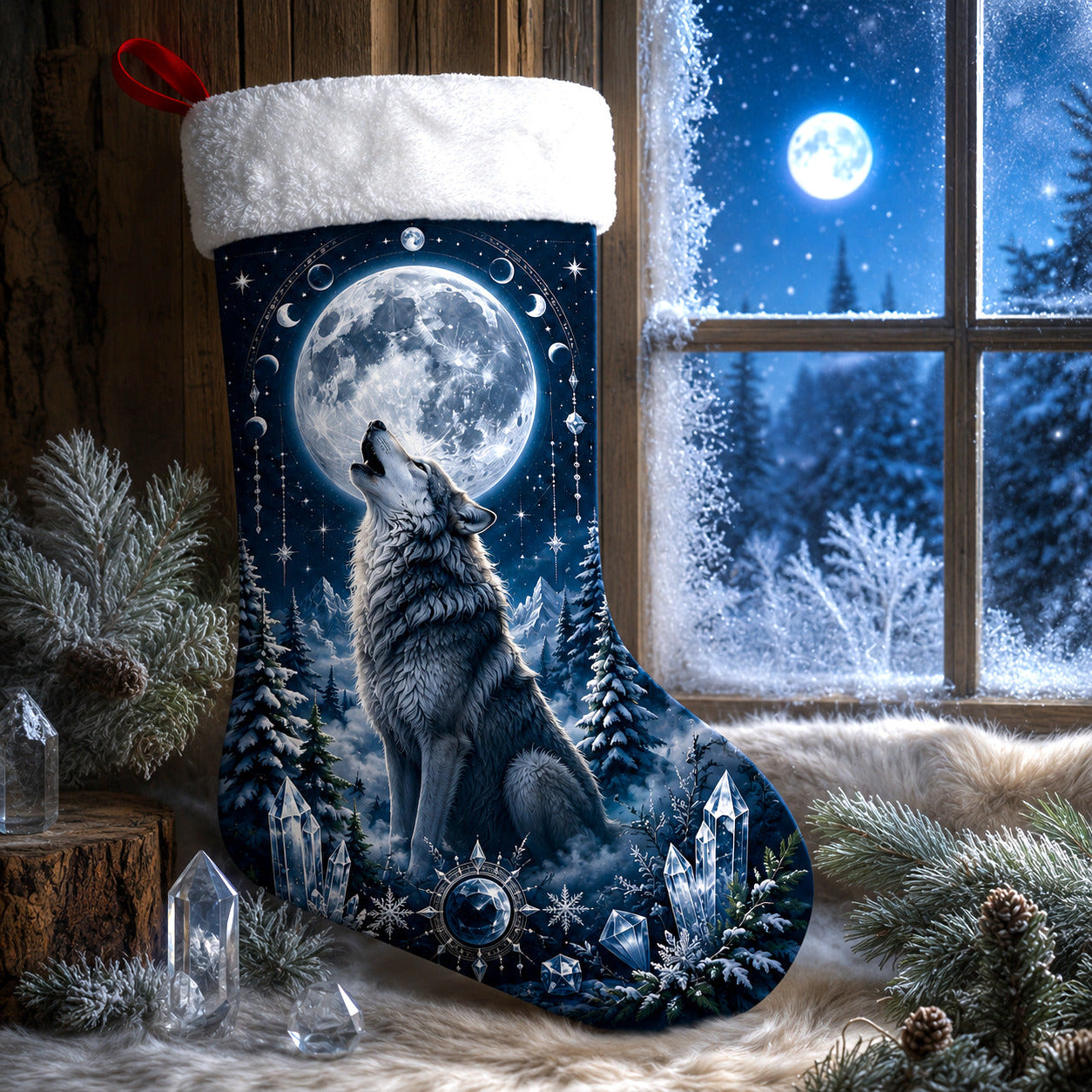 Howling Wolf Christmas Stocking Full Moon Nordic Winter Decor, styled shot 2