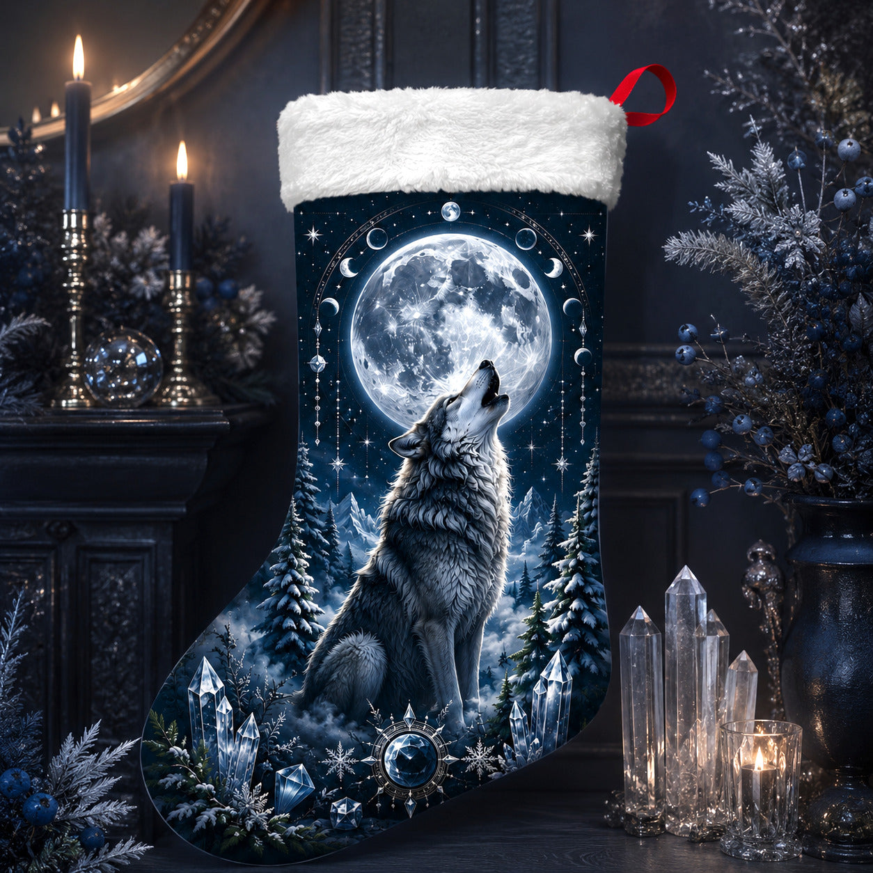 Howling Wolf Christmas Stocking Full Moon Nordic Winter Decor, styled shot 3