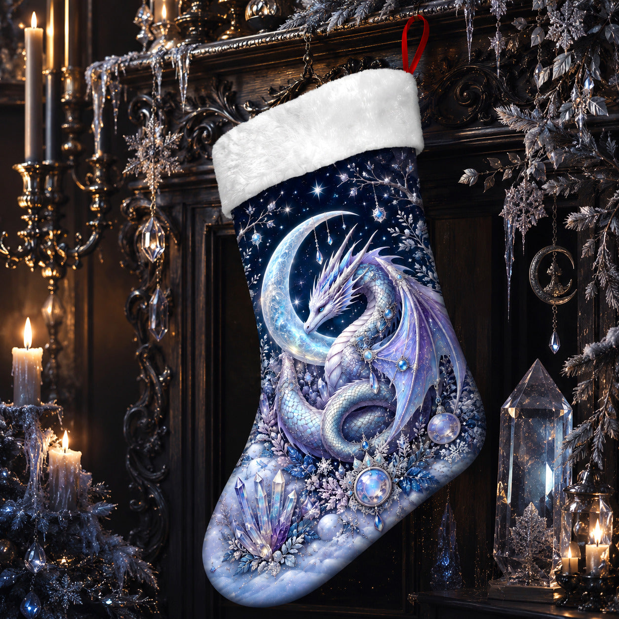 Ice Dragon Christmas Stocking Fantasy Crystal Winter Yule Decor