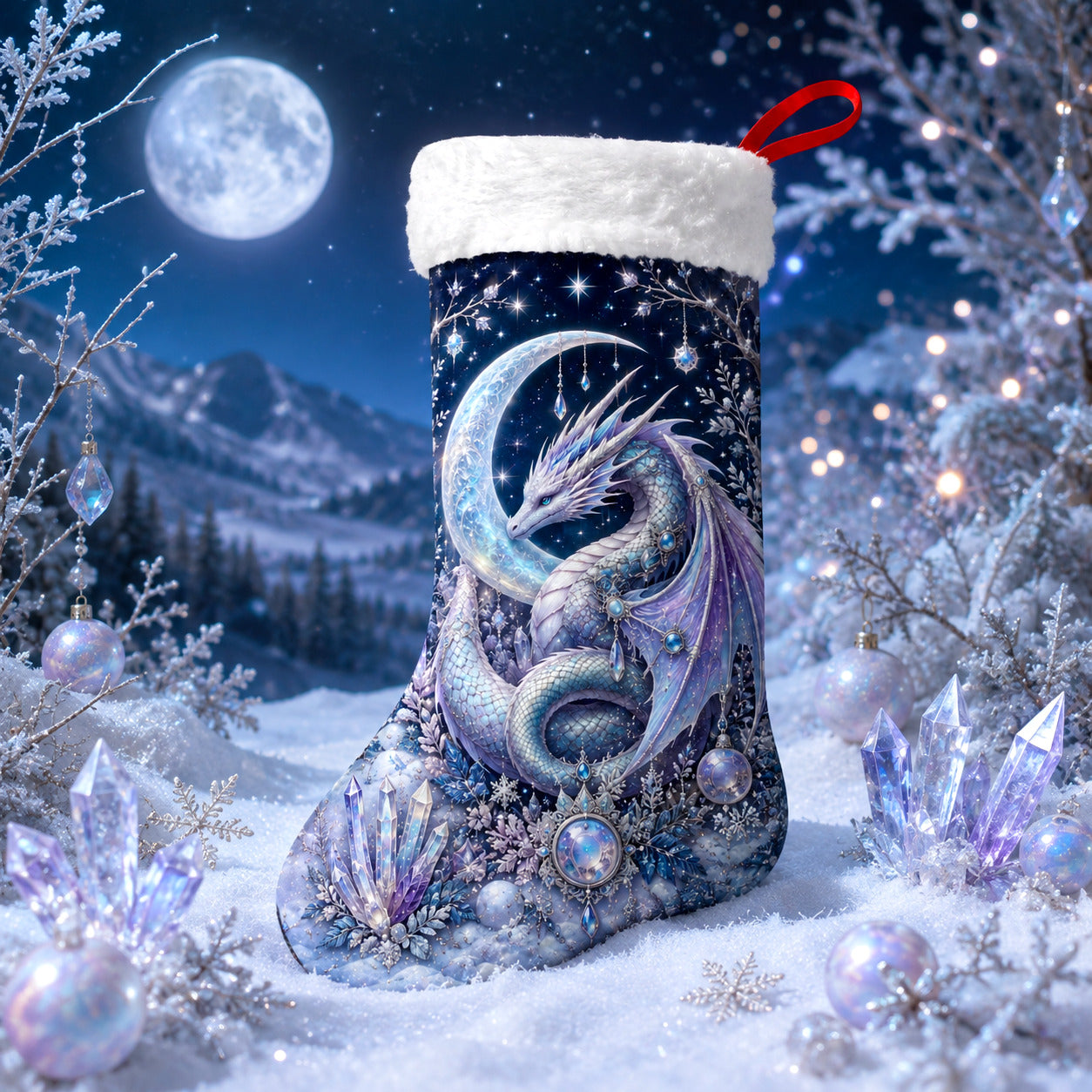 Ice Dragon Christmas Stocking Fantasy Crystal Winter Yule Decor, styled shot 2