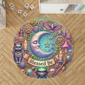 Blessed Be Wicca Round Rug Magick Moon Carpet for Pagan Home Decor