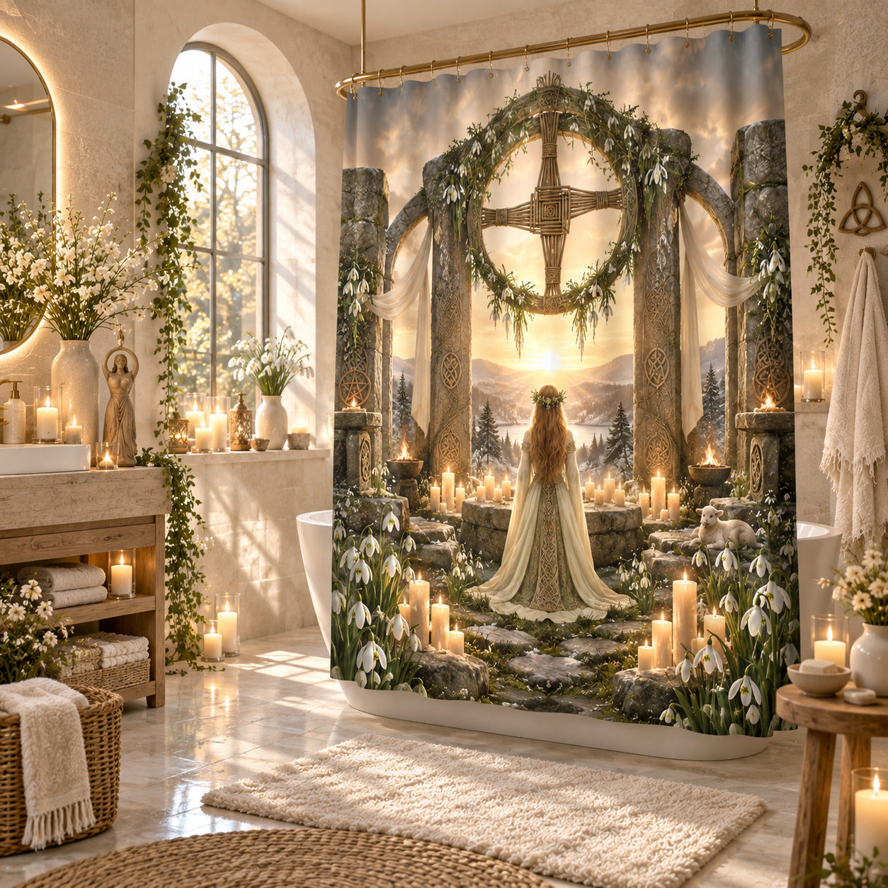 Imbolc Shower Curtain - Brigid Cross Pagan Goddess Decor, styled shot 2