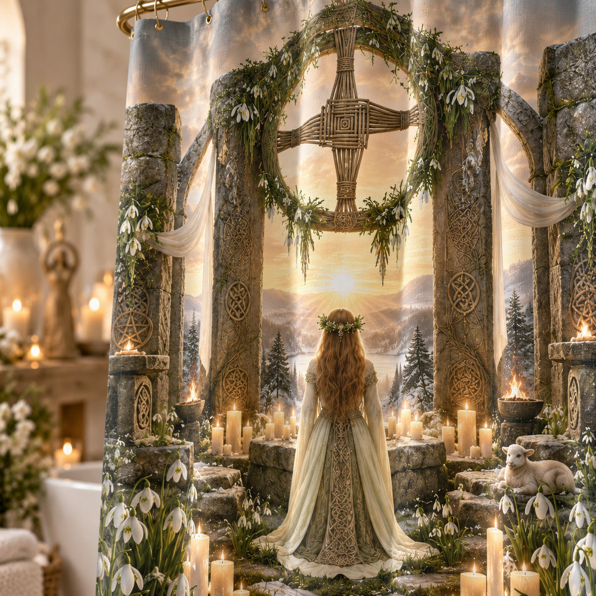 Imbolc Shower Curtain - Brigid Cross Pagan Goddess Decor, styled shot 4