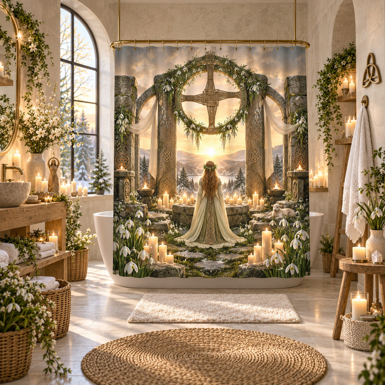 Imbolc Shower Curtain - Brigid Cross Pagan Goddess Decor, styled shot 5