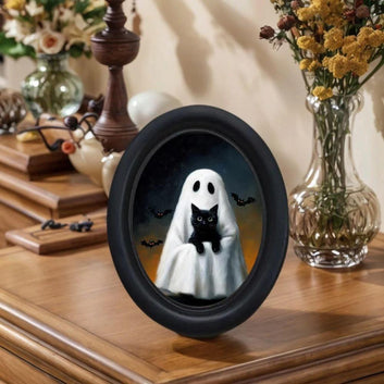 Spooky Ghost with Black Cat Oval Frame - Gothic Oval Wall Art Halloween Wall Decoration