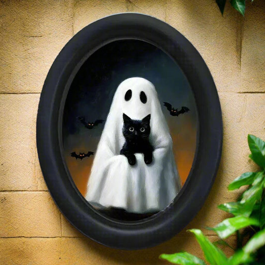 Spooky Ghost with Black Cat Oval Frame - Gothic Oval Wall Art Halloween Wall Decoration