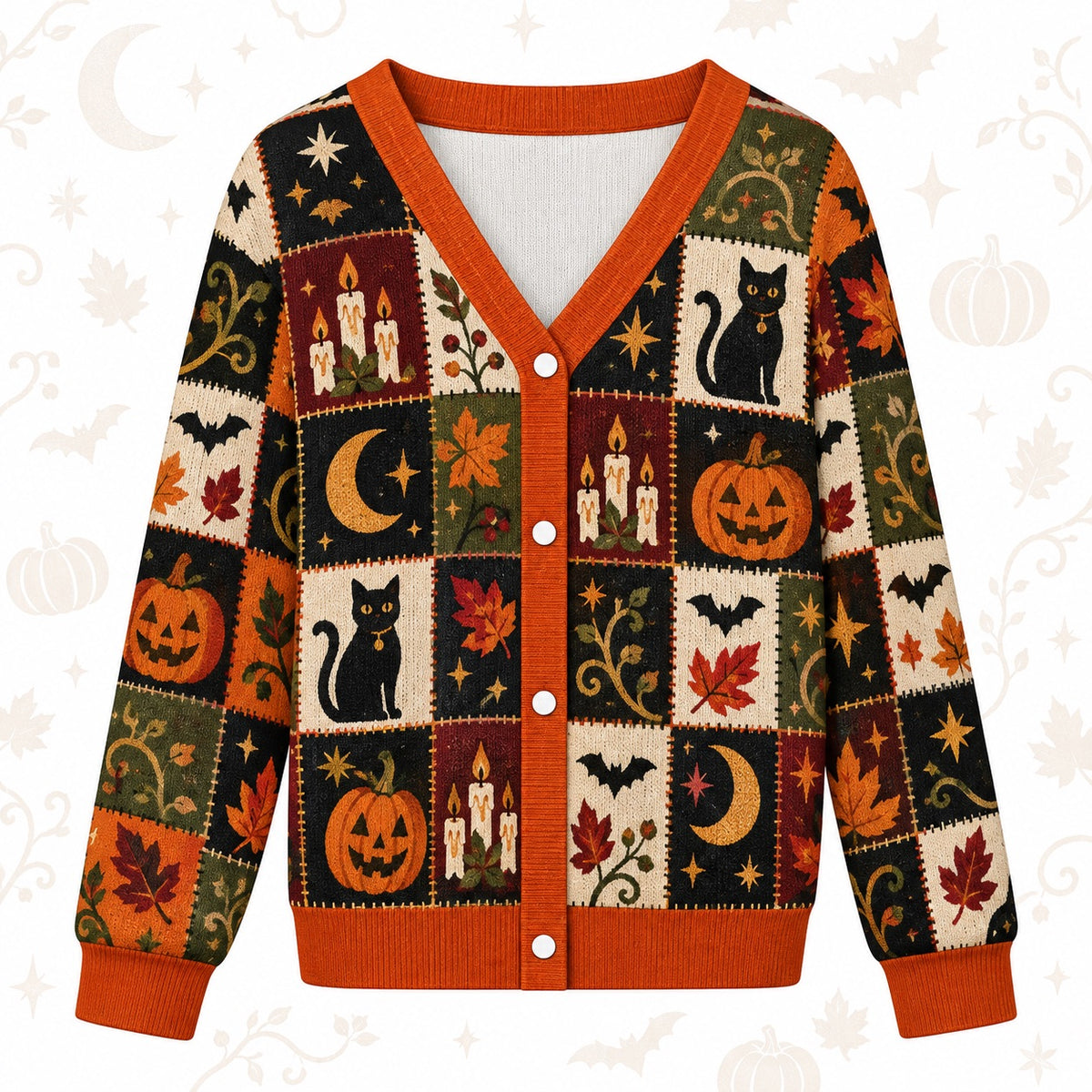 Jack O Lantern Candle Maple Leaf Halloween Cardigan for Women Black Cat, front view