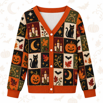 Jack O Lantern Candle Maple Leaf Halloween Cardigan for Women Black Cat, front view