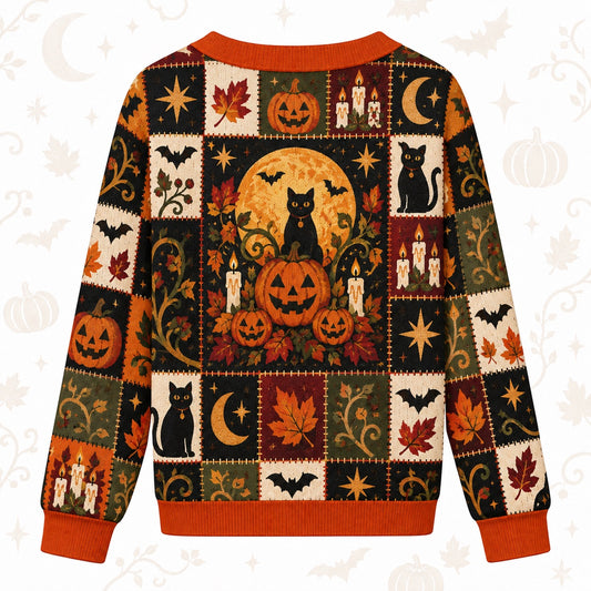 Jack O Lantern Candle Maple Leaf Halloween Cardigan for Women Black Cat, back view