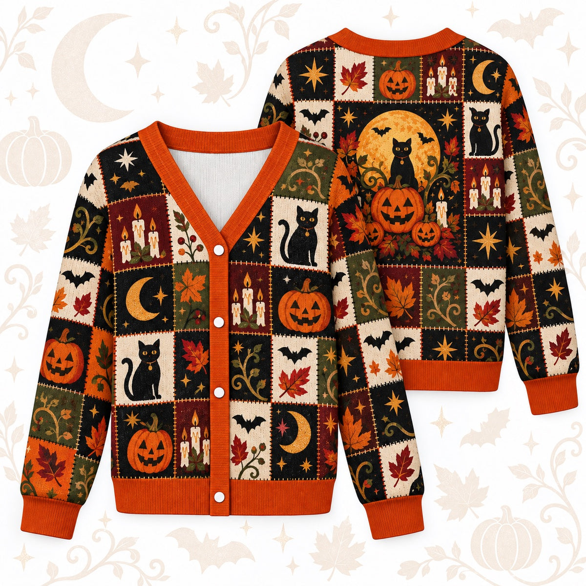 Jack O Lantern Candle Maple Leaf Halloween Cardigan for Women Black Cat, front and back shown together