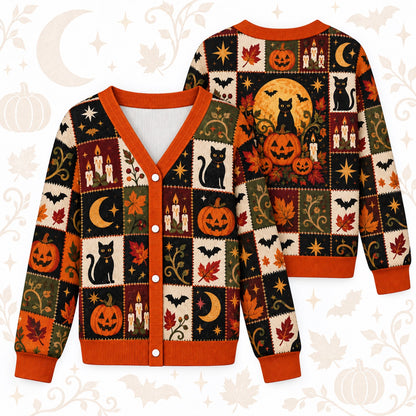 Jack O Lantern Candle Maple Leaf Halloween Cardigan for Women Black Cat, front and back shown together