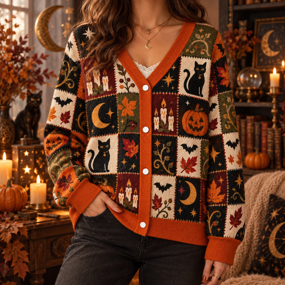 Jack O Lantern Candle Maple Leaf Halloween Cardigan for Women Black Cat, worn, front view