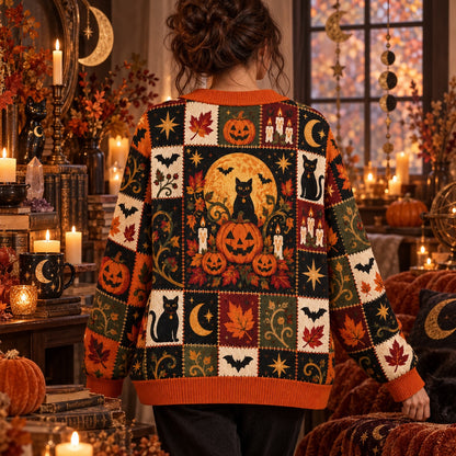 Jack O Lantern Candle Maple Leaf Halloween Cardigan for Women Black Cat, worn, back view