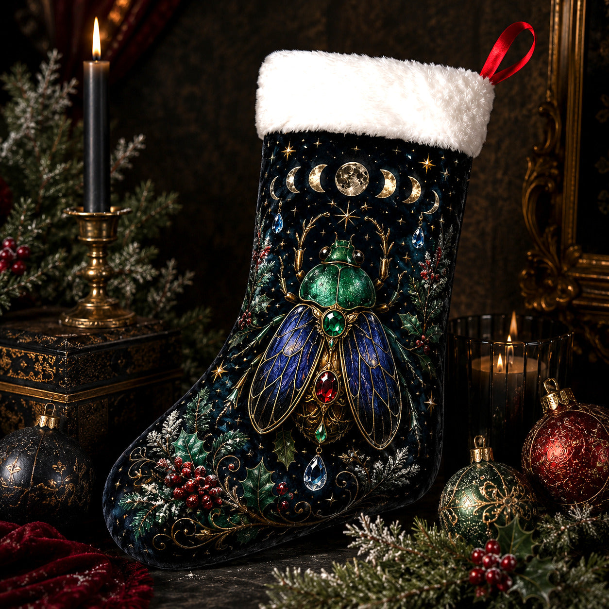 Jewelled Beetle Christmas Stocking Dark Academia Gothic Decor