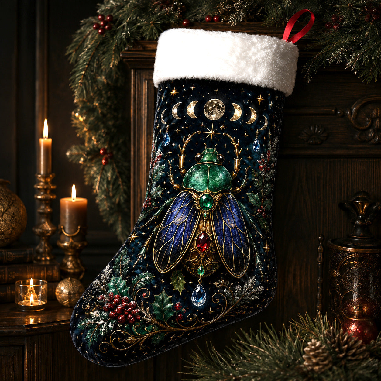 Jewelled Beetle Christmas Stocking Dark Academia Gothic Decor, styled shot 2