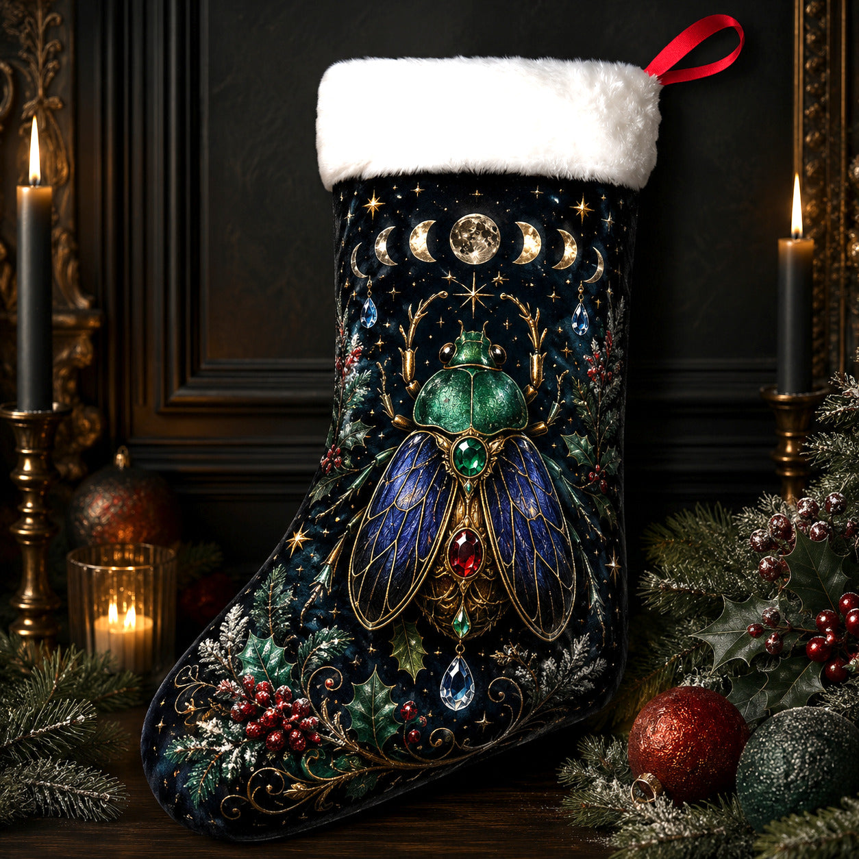 Jewelled Beetle Christmas Stocking Dark Academia Gothic Decor, styled shot 4