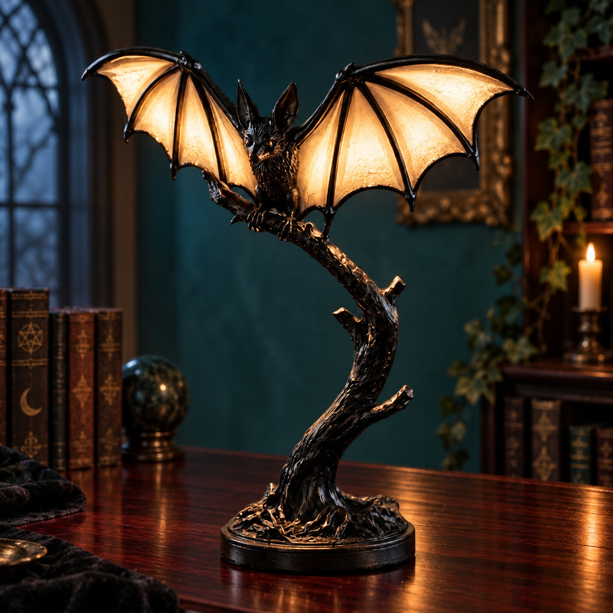 Gothic Sculpture Table Lamp Retro Resin Desk Light — detailed product view in a witchy room