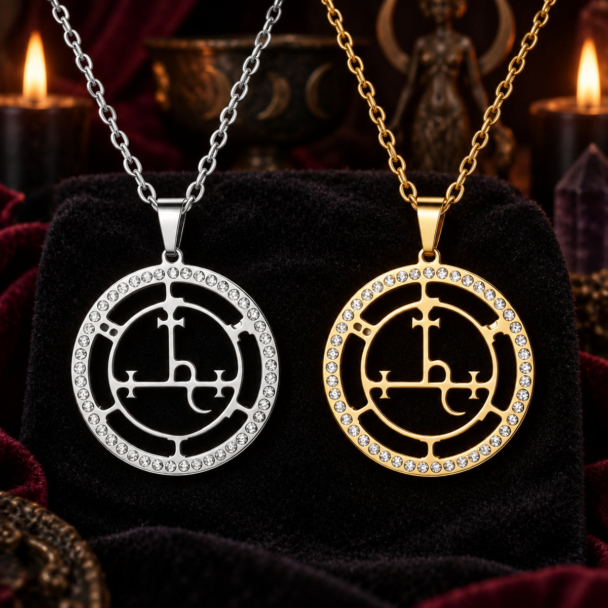 Silver and gold Lilith sigil necklaces with zircon inlay on a dark velvet altar