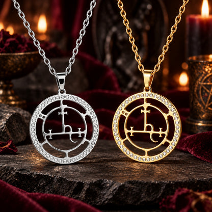 Silver and gold Lilith sigil necklace with zircon details in a dark altar setting