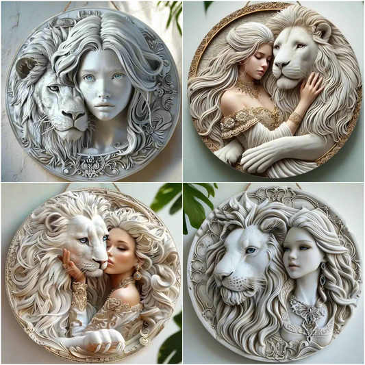 White Lion and Goddess Wooden Sign Mystic Hanging Sign